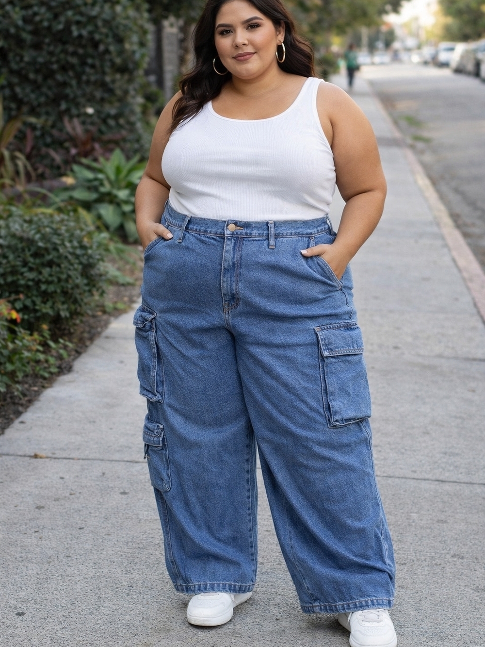 Plus-Size Wide Leg Cargo Jeans in Medium Blue Wash